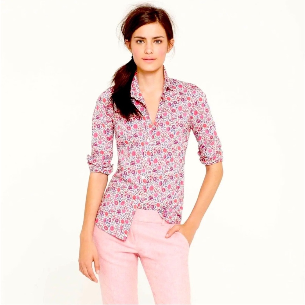 J. Crew Liberty Of London Print D’anjo Floral Perfect Button Down Shirt Red Pink
